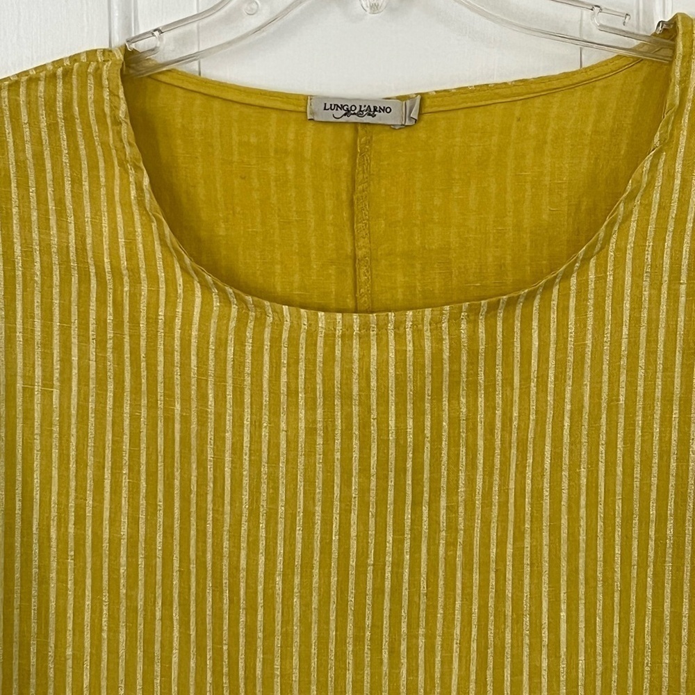 Lungo L'Arno 100% Linen Made in Italy Mustard Striped Ruffle Tunic Top L Boho - Picture 2 of 12